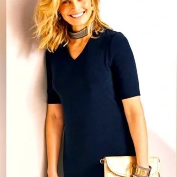 Chico's Travelers Navy Blue Dress w/Gold Braided Choker Neckline Size 3 - Picture 3 of 11